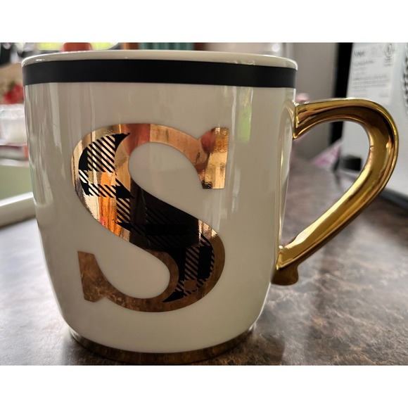 Monogram "S" Coffee Cup Mug DesignPac Gifts GOLD on White Large 4.25"‎ x 4" - Picture 1 of 4